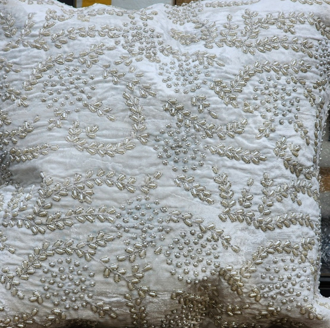 Handmade Velvet Cushion Cover (Pure White Silver and Pearl)
