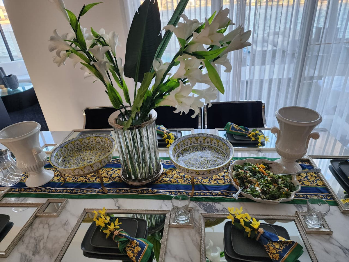 Hand-painted ceramic serving dish with stand