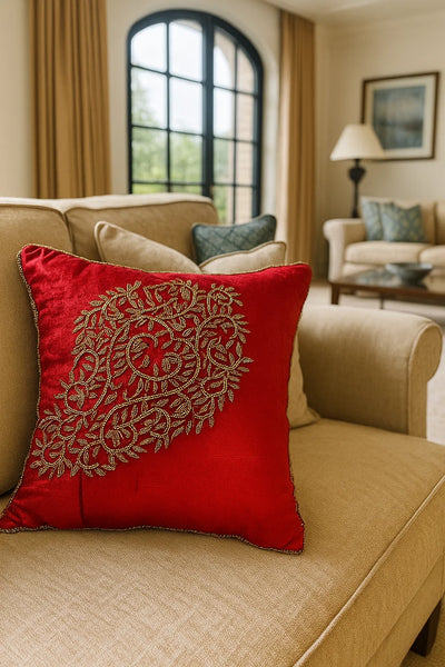 Handmade velvet Cushion Cover (Gold on Red) Design-II