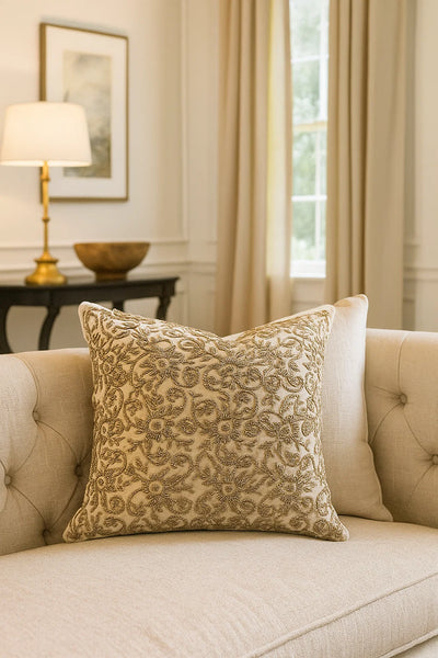Handmade velvet European pillow cover (Beige and Gold)