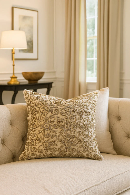 Handmade velvet European pillow cover (Beige and Gold)