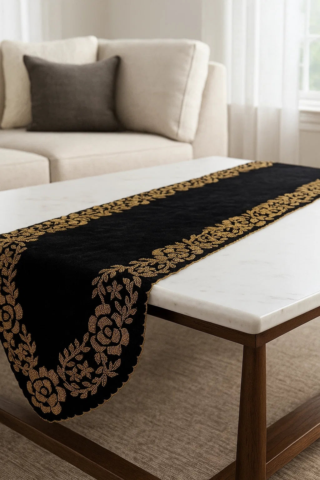Black and Gold Handmade Beaded Table Runner Set (Border design)