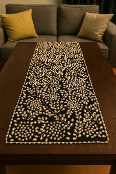 Handmade Beaded Table Runner Set (Black Gold and Pearl)
