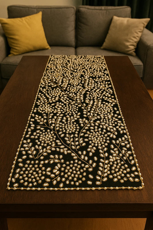 Handmade Beaded Table Runner Set (Black Gold and Pearl)