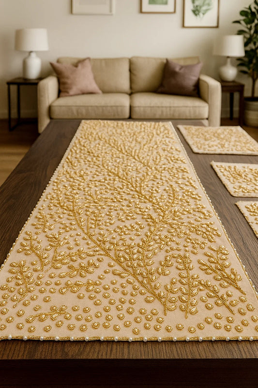 Handmade Beaded Table Runner Set (Cream Gold and Pearl)