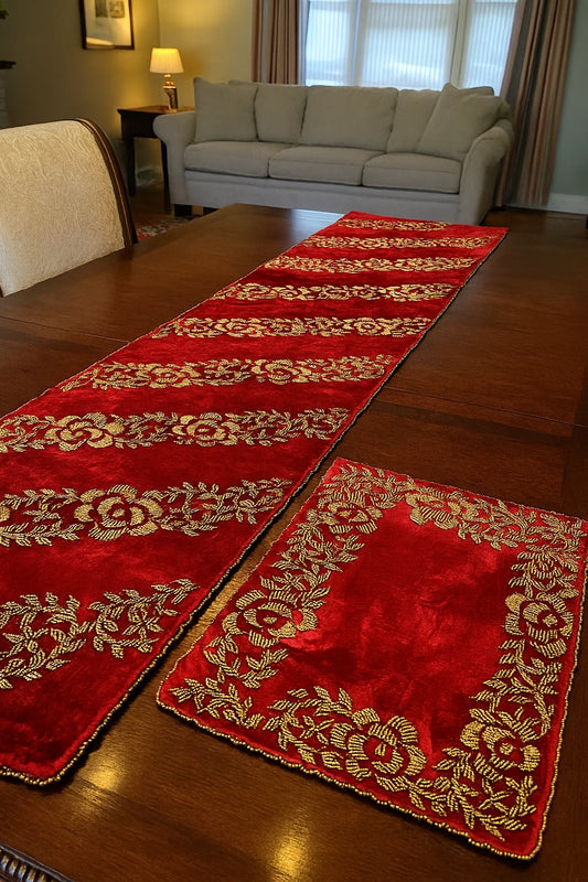Handmade Beaded Table Runner Set- Red and Gold