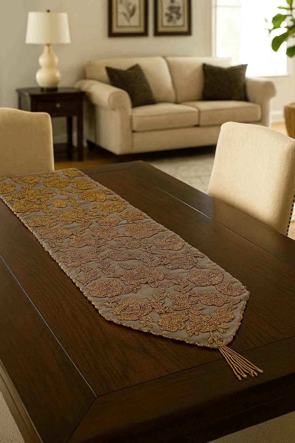 Handmade Beaded Table Runner Set- Beige and Gold  (Design 2)