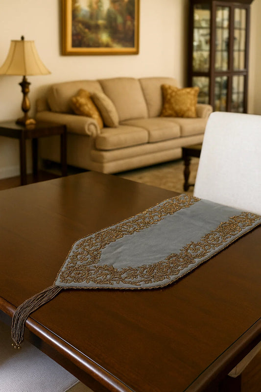 Grey and Gold Handmade Beaded Table Runner Set (Border Design)