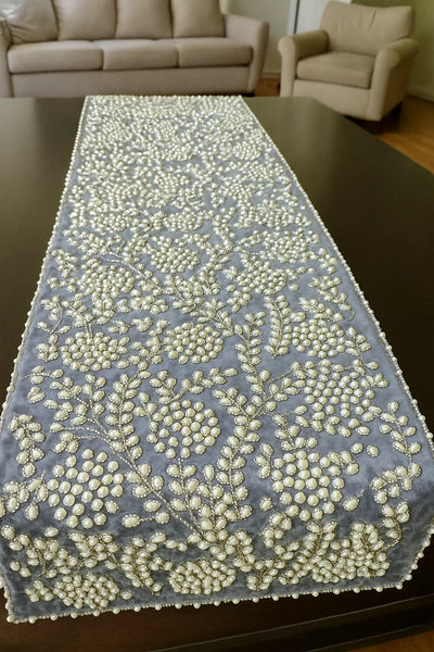 Grey and Silver with Pearl Handmade Table Runner Set