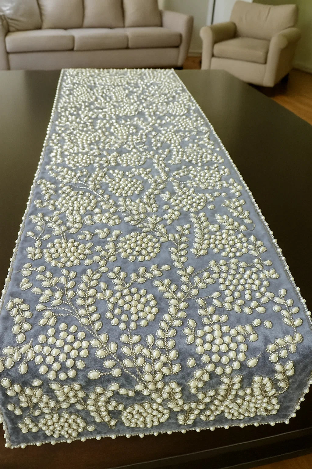 Grey and Silver with Pearl Handmade Table Runner Set