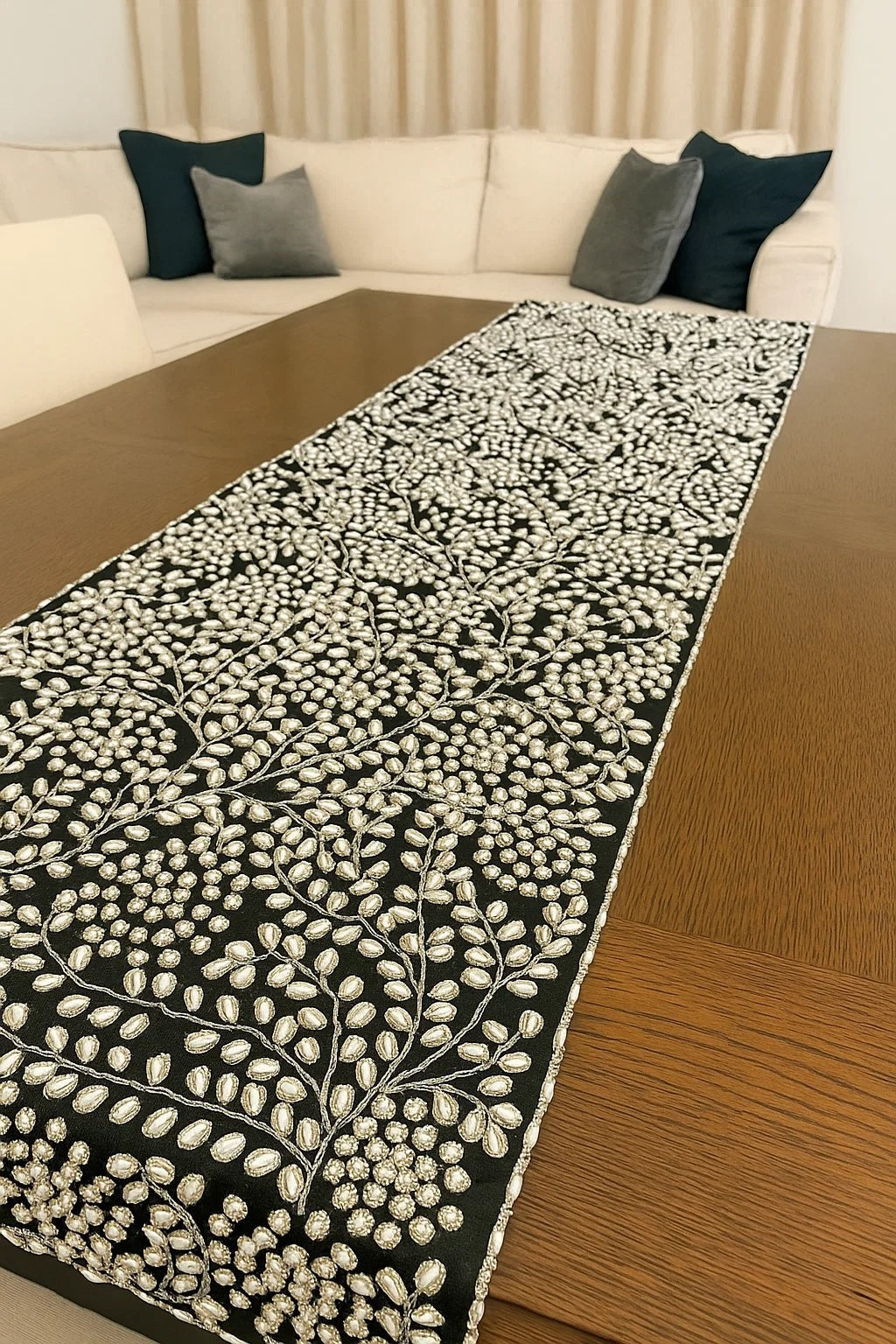 Handmade Table Runner (Black and Silver with Pearl)