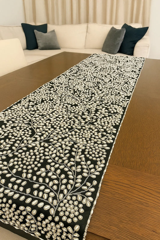 Handmade Beaded Table Runner Set (Black Silver and Pearl)