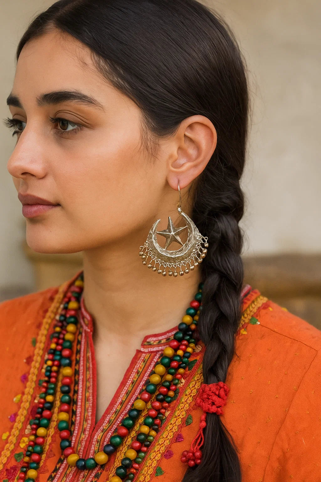 Silver Crescent Star Earrings (chand bali)