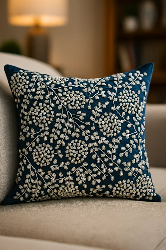 Handmade Velvet Cushion Cover (Royal blue pearl and Silver)