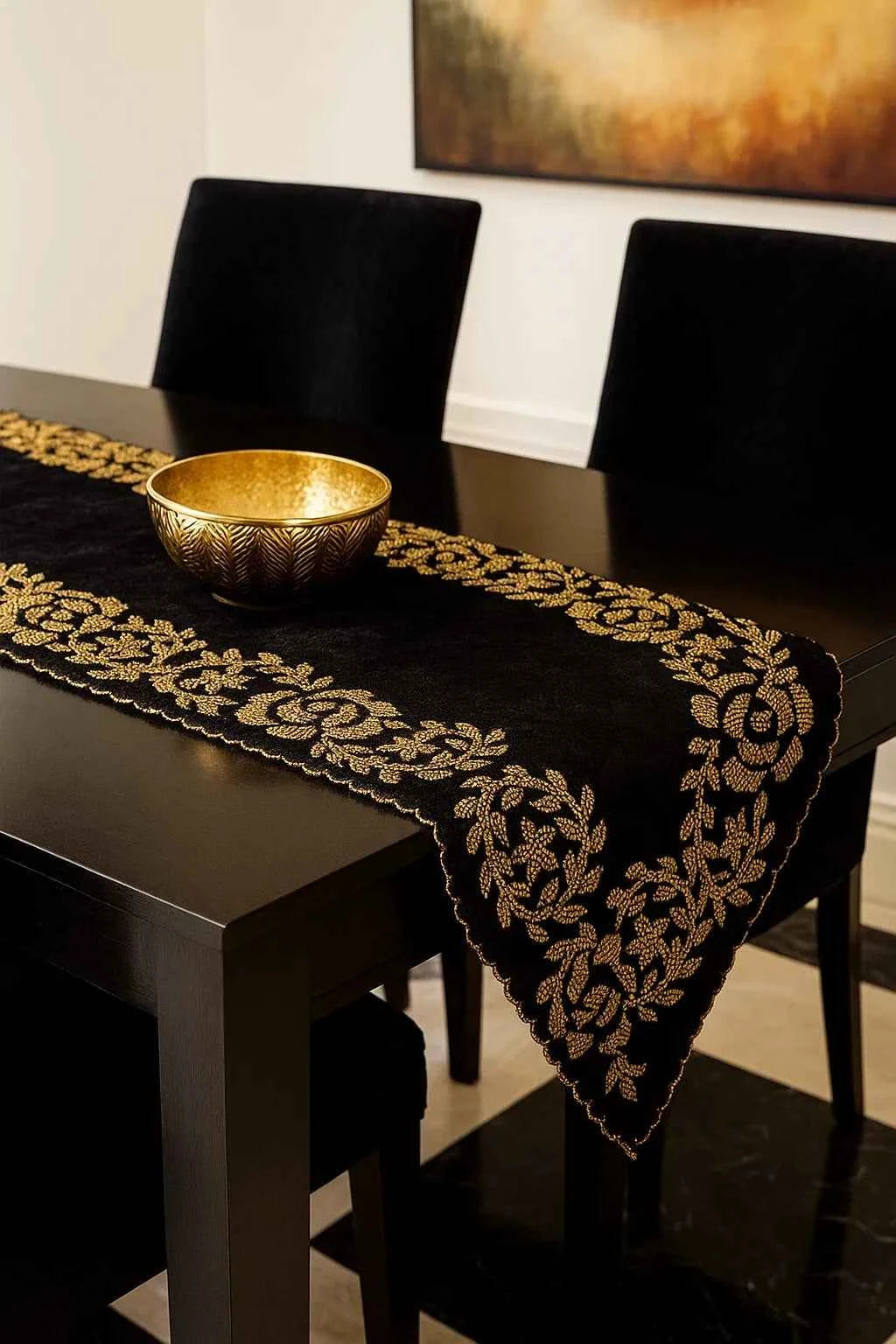 Black and Gold Handmade Beaded Table Runner Set (Border design)
