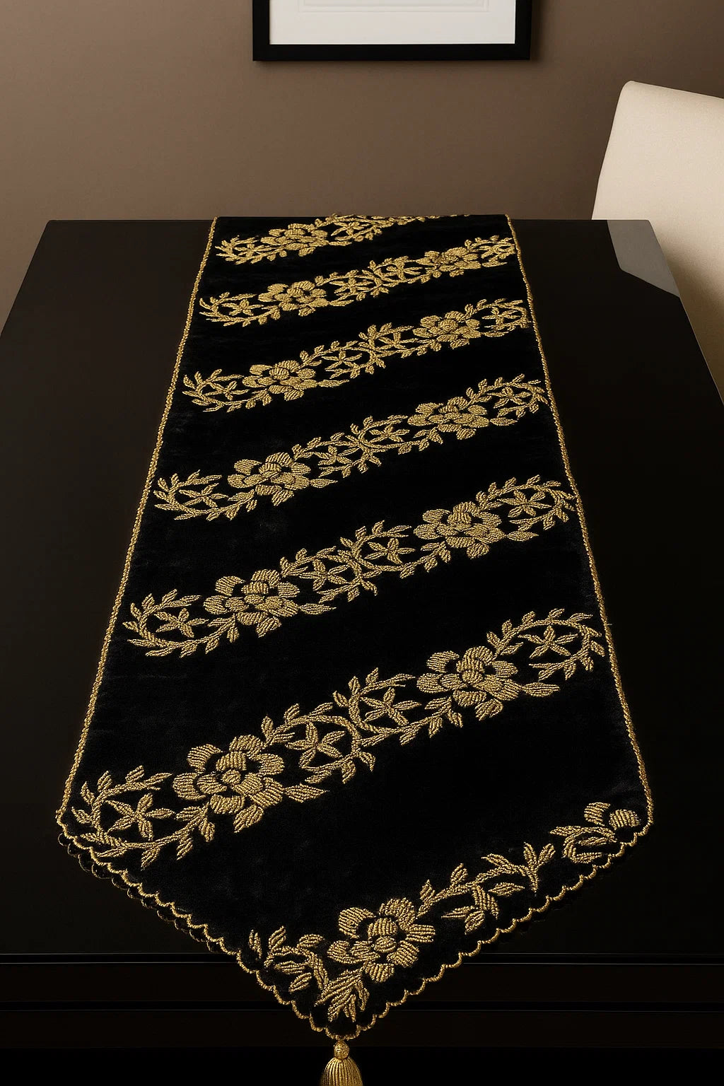 Handmade Table Runner (Black and Gold Diagonal)