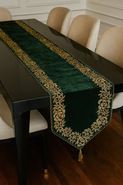 Emerald Green Handmade Beaded Table Runner Set ( Border Design)