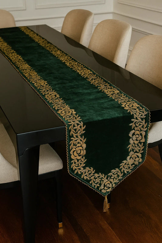 Emerald Green Handmade Beaded Table Runner Set ( Border Design)