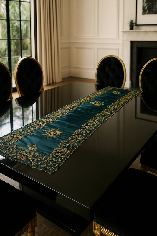 Handmade Beaded Runner- Sea Green and Gold-1