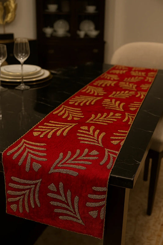 Handmade Beaded Table  Runner-  (Red and Gold) Leaf pattern