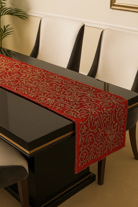 Handmade Table Runner (Red and Gold-1)