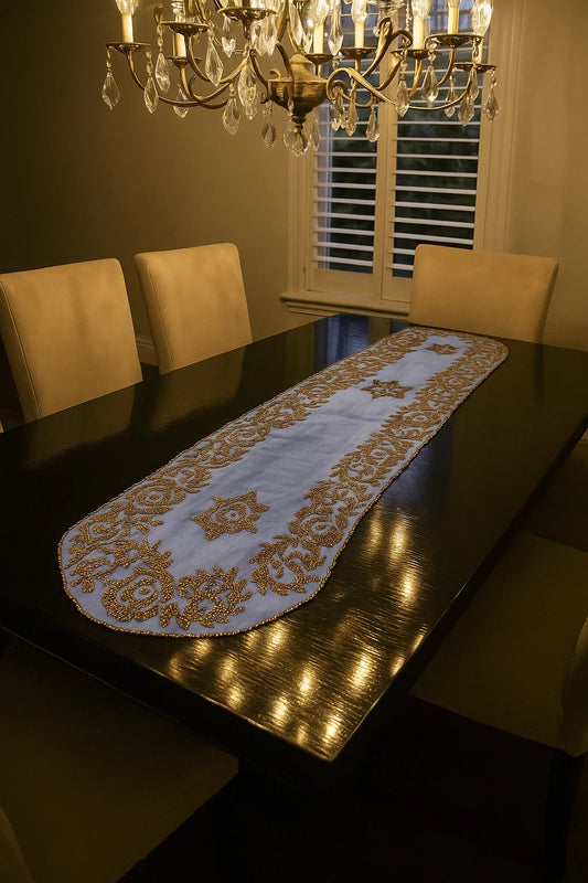 Handmade Beaded Runner - Sky Blue and Gold