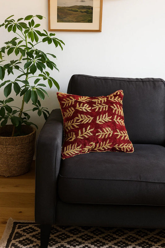 Handmade Velvet Cushion Cover (Red and Gold)