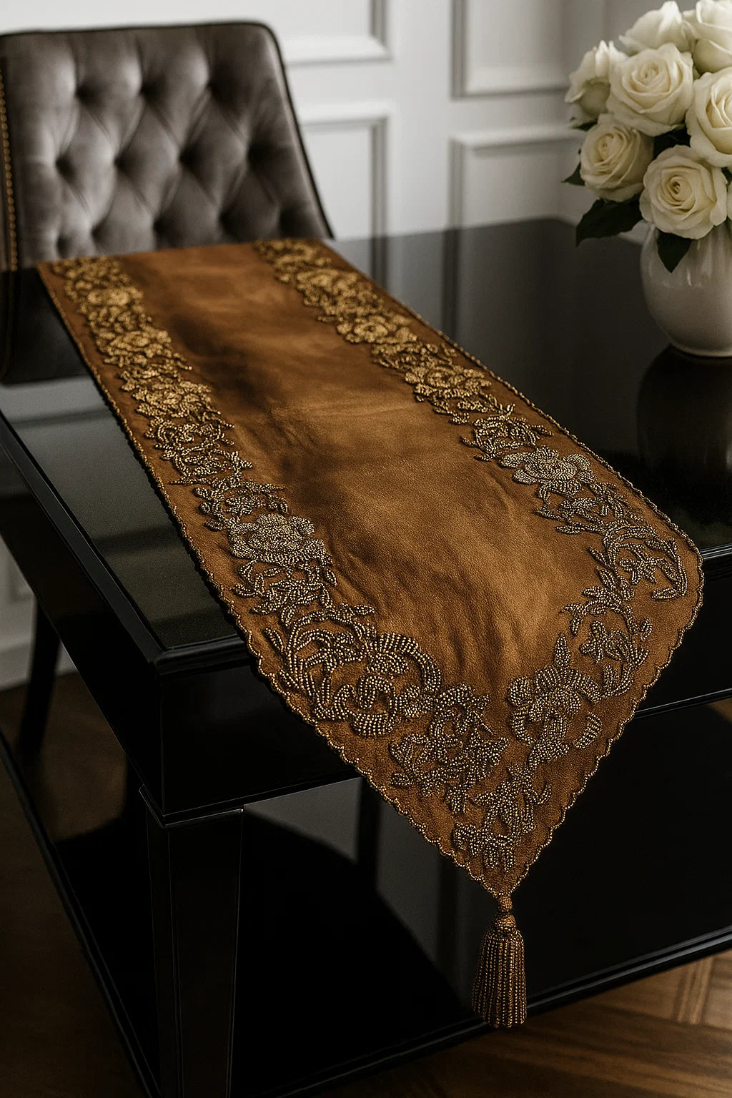 Brown and Gold Handmade Beaded Runner (Design -1) - Handmade Stories