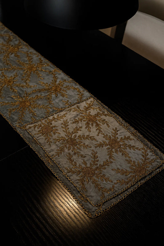 Handmade Beaded Table Runner Set- Grey and Gold