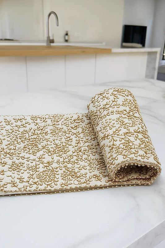 Handmade Table Runner (Off White Gold with Pearl)
