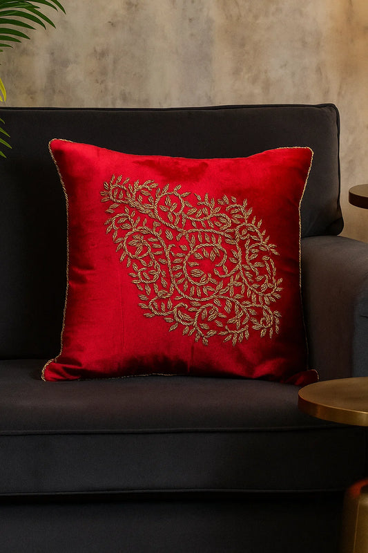 Handmade Velvet Cushion Cover (Red and Gold) Design 2