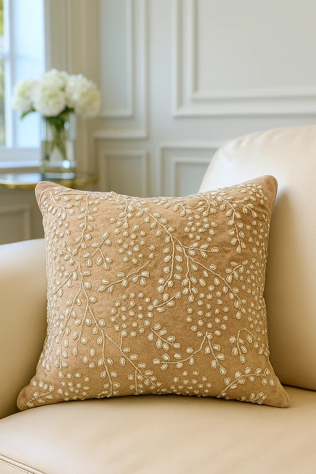 Handmade Velvet Cushion Cover (Beige Silver and Pearl)