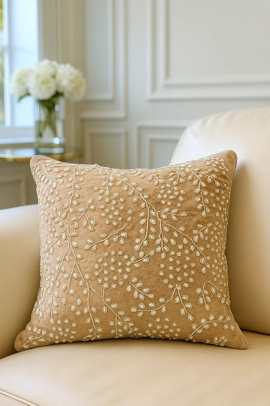 Handmade Velvet Cushion Cover (Beige Silver and Pearl)