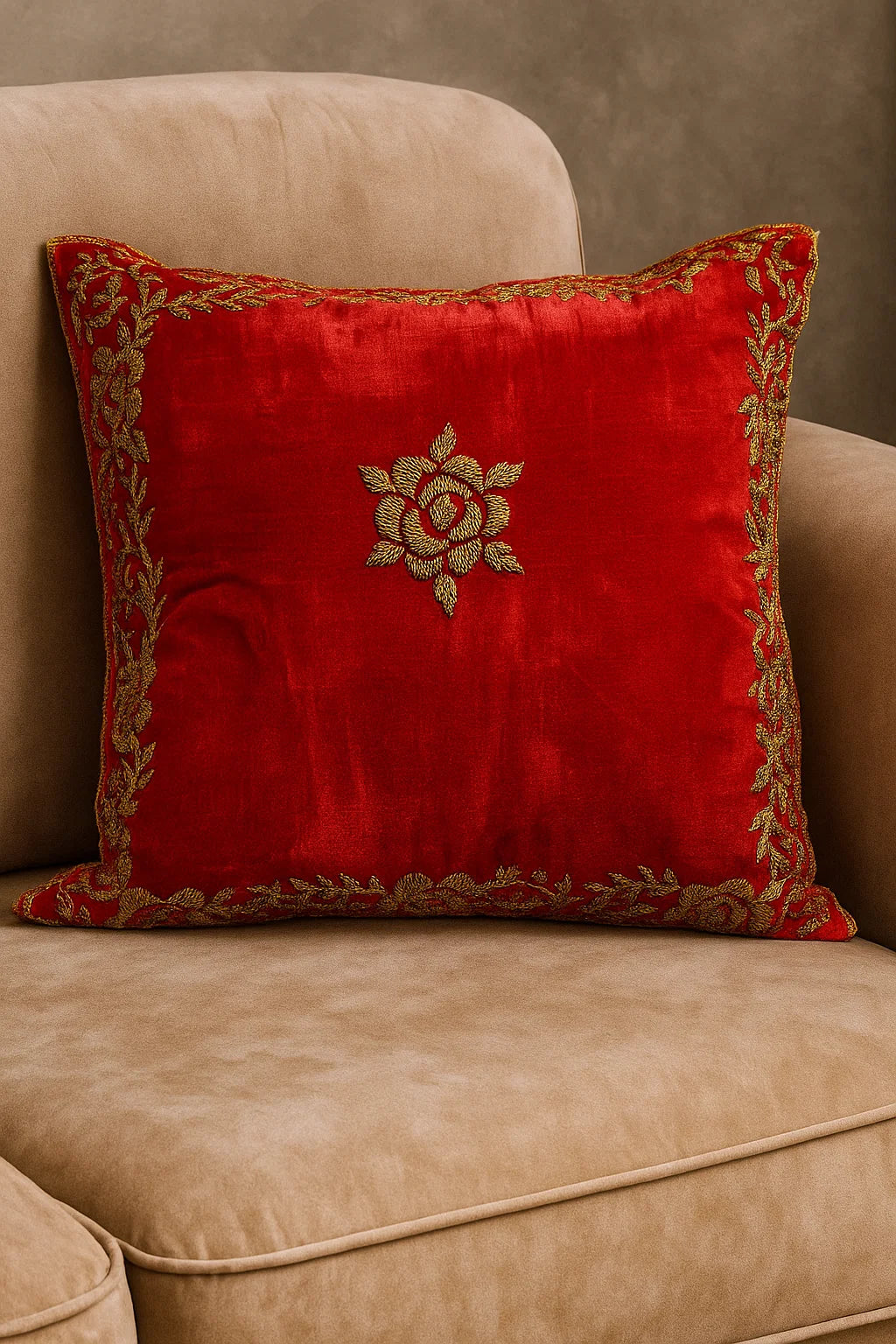 Handmade velvet Cushion Cover (Red and Gold) - Handmade Stories