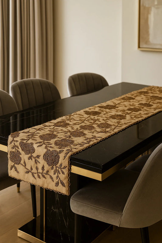 Handmade Beaded Table  Runner (Beige and Gold)