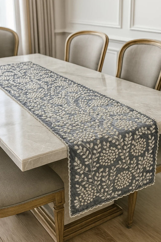 Handmade Beaded Table Runner Set (Grey Silver and Pearl)