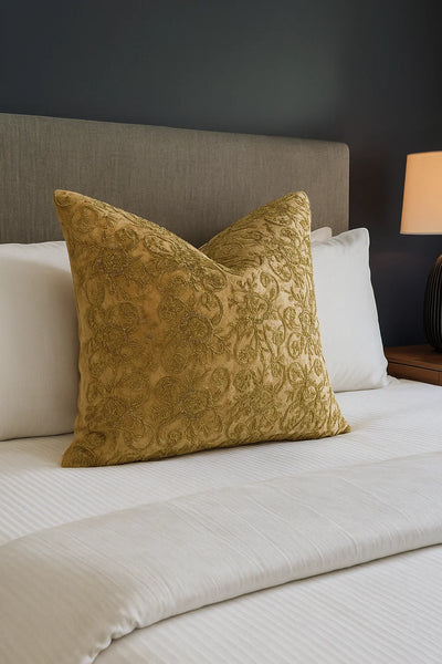 Handmade velvet Beaded Cushion (Beige and Gold)