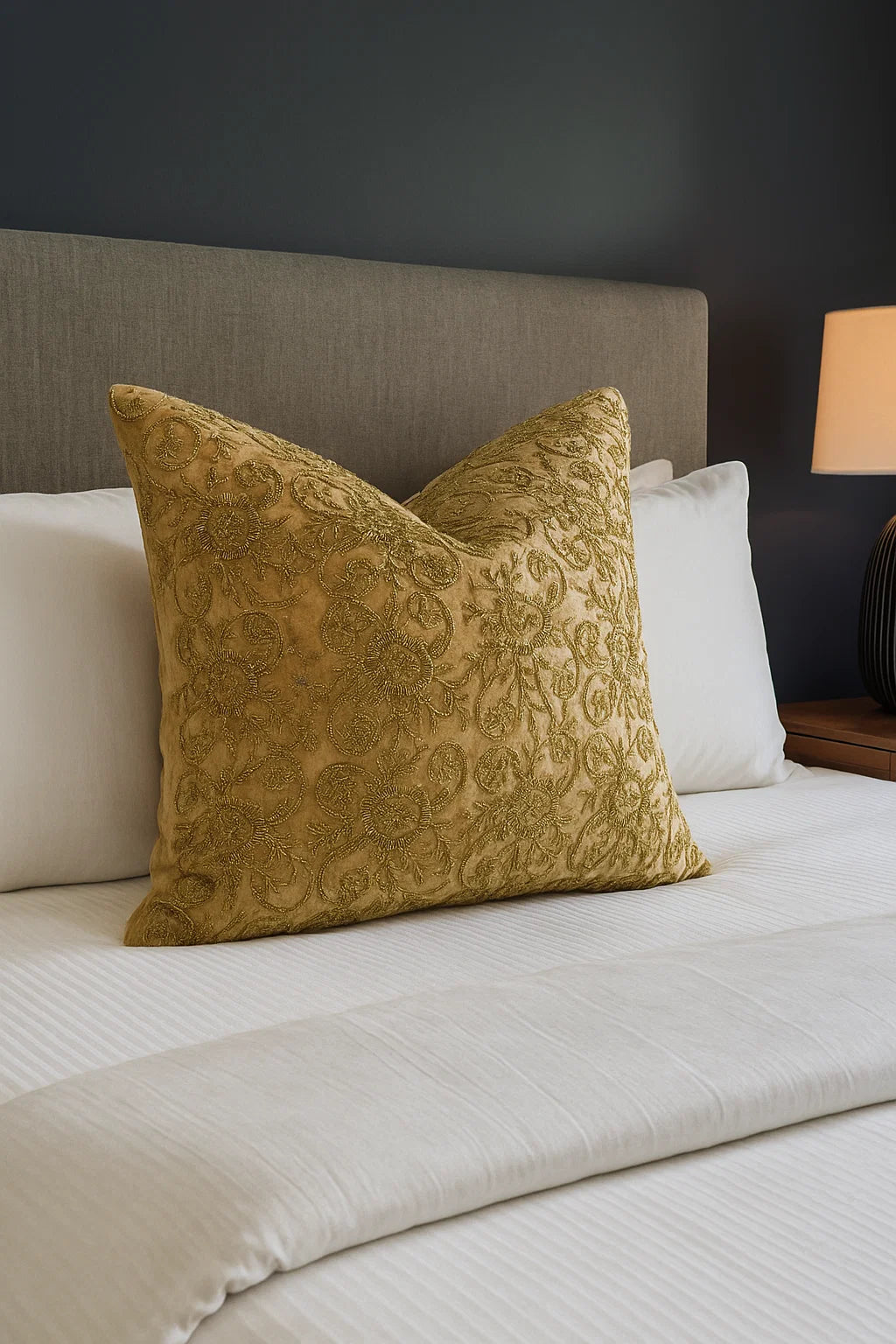 Handmade velvet Beaded Cushion (Beige and Gold)
