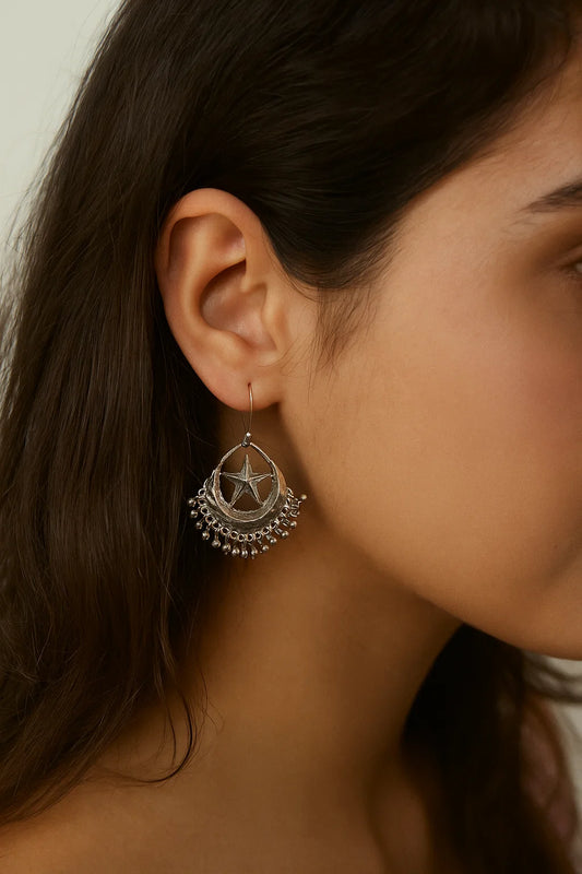 Silver Crescent Star Earrings (chand bali)