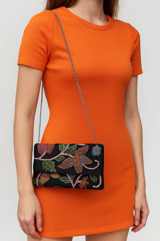 Women Black Floral Clutch Embellished Beaded (Design-III)