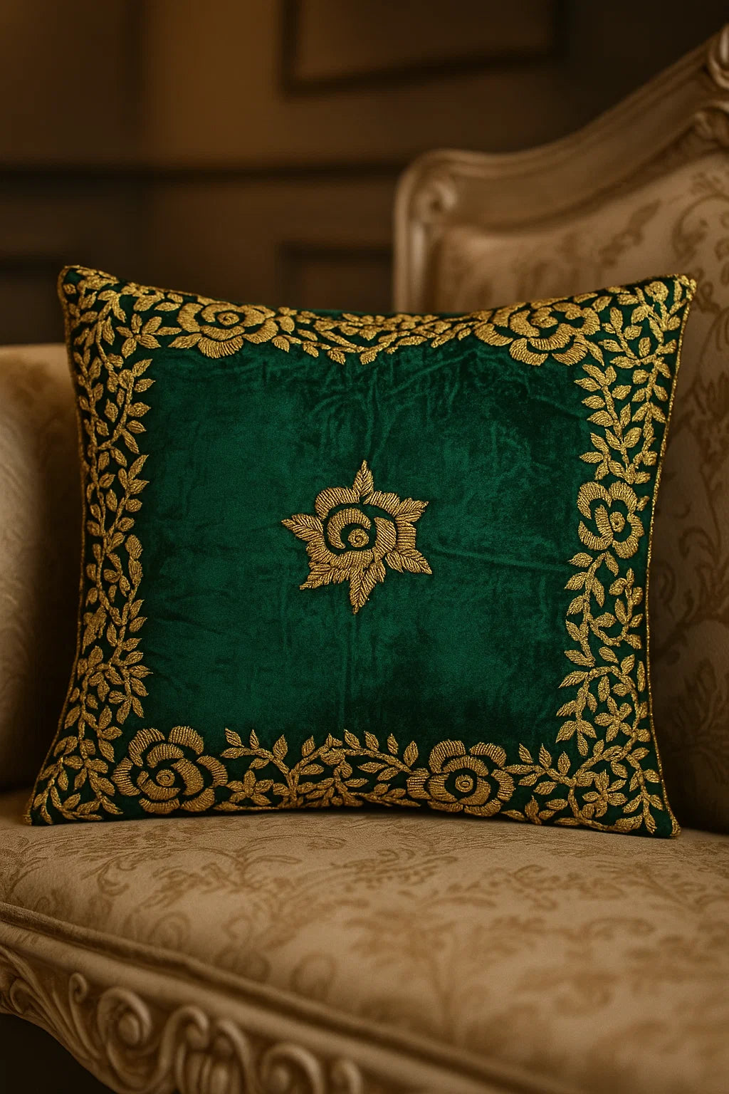 Handmade velvet Cushion Cover (Emerald Green and Gold) border