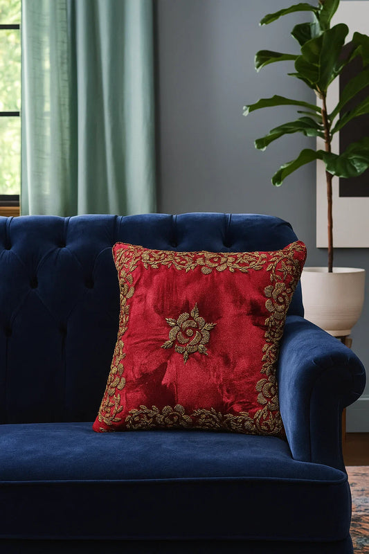 Handmade velvet Cushion Cover (Burgundy and Gold)