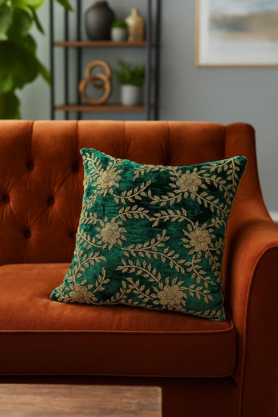 Handmade velvet Cushion Cover (Emerald Green Floral) - Handmade Stories