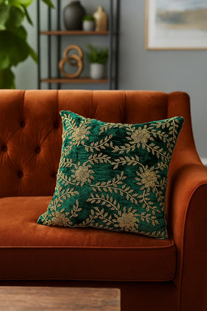 Handmade velvet Cushion Cover (Emerald Green Floral) - Handmade Stories