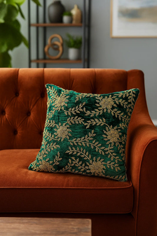 Handmade velvet Cushion Cover (Emerald Green Floral)