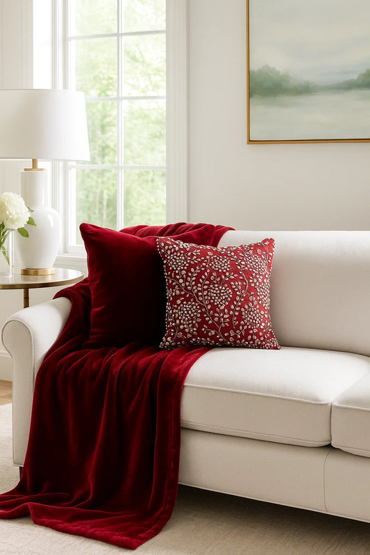 Handmade Velvet Cushion Cover (Red White and Pearl)