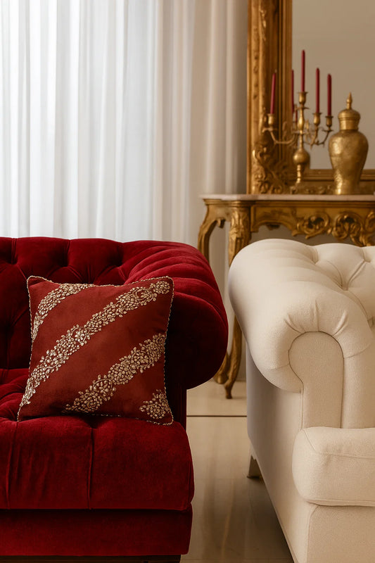Handmade Velvet Cushion Cover (Red White and Pearl Diagonal)