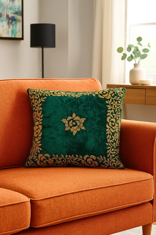 Handmade velvet Cushion Cover (Emerald Green and Gold) border