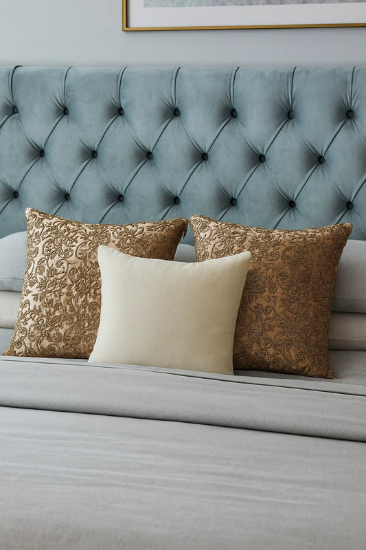 Handmade velvet Beaded Cushion (Beige and Gold)