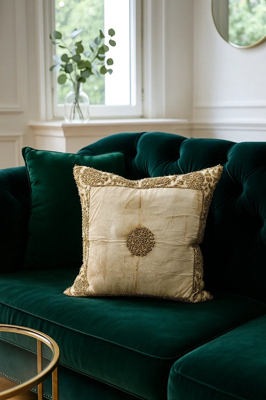 Handmade velvet Beaded Cushion (cream Beige and gold)